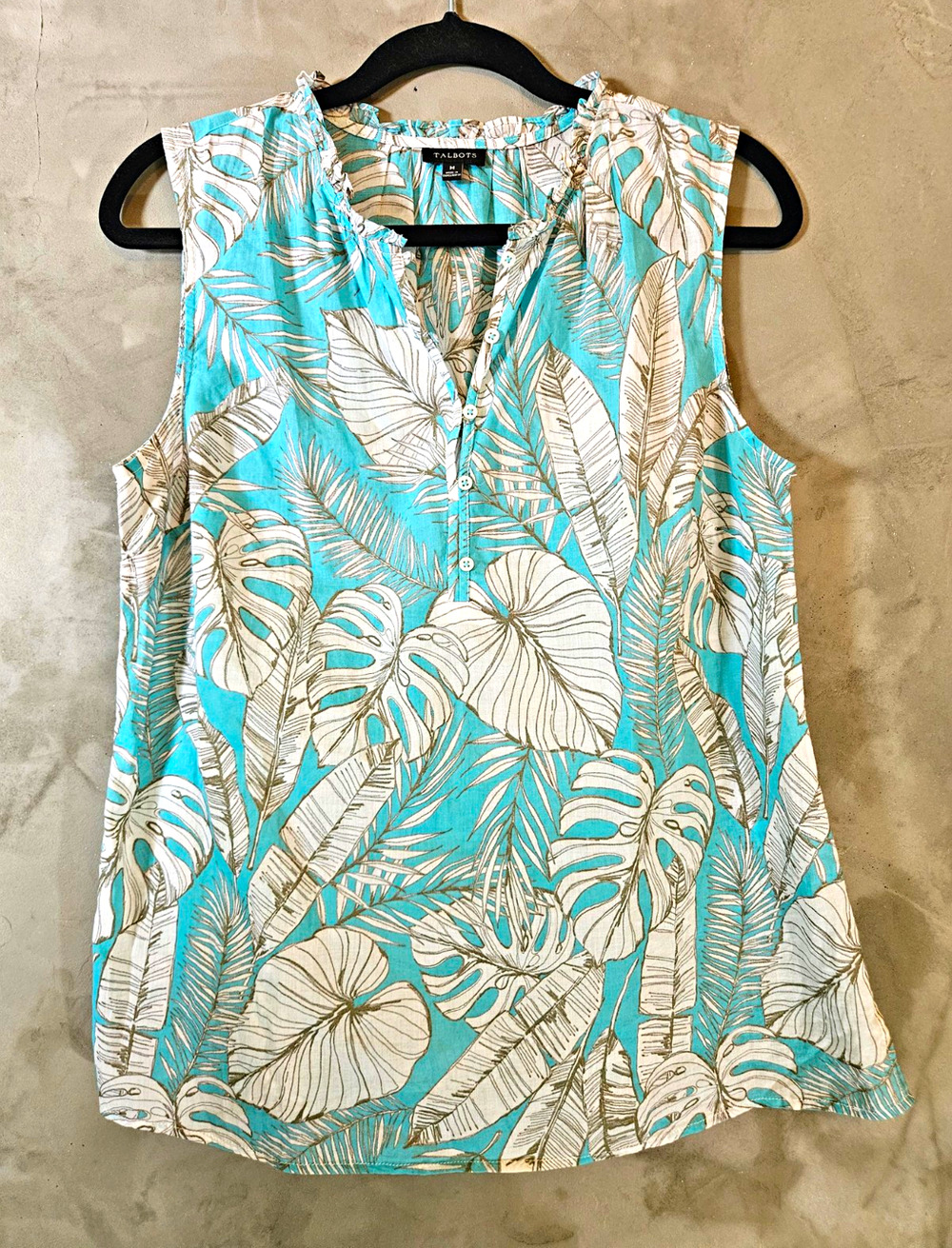 Talbots Size M Turquoise White Tropical Floral Cotton V Neck Blouse